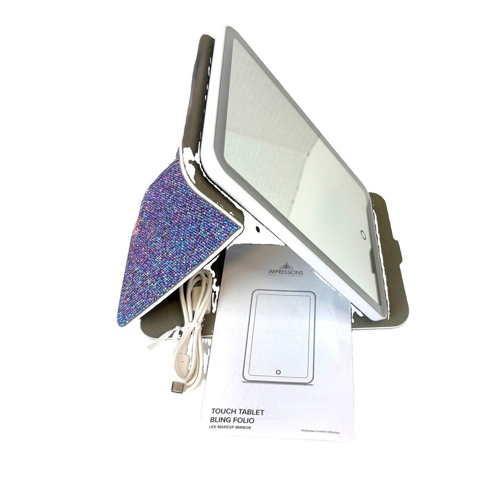Impressions Vanity Touch Tablet Bling Folio LED Makeup Mirror Foldable NWOB